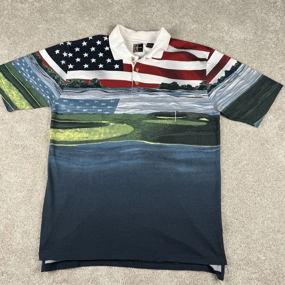 Chiliwear Golf Polo AOP Flag Red White Blue Button Up Short Sleeve Golf Mens XL